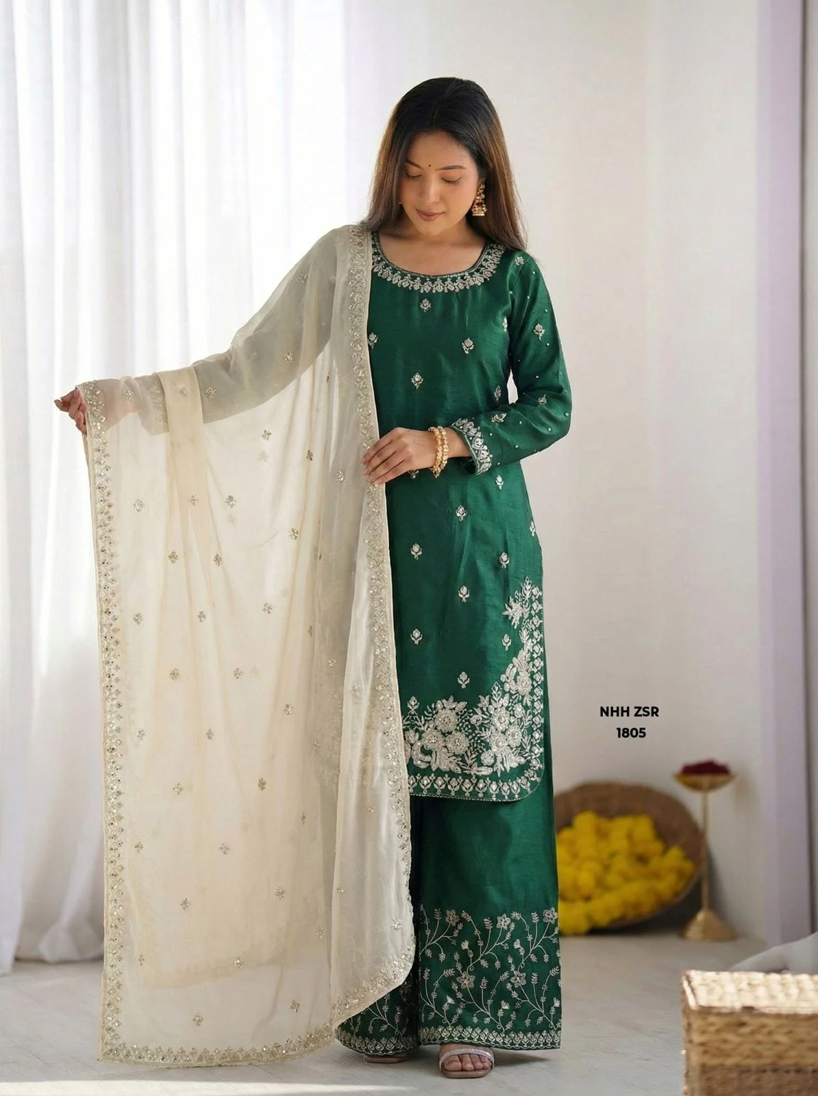 Bottle Green & Beige Silk Sharara Suit